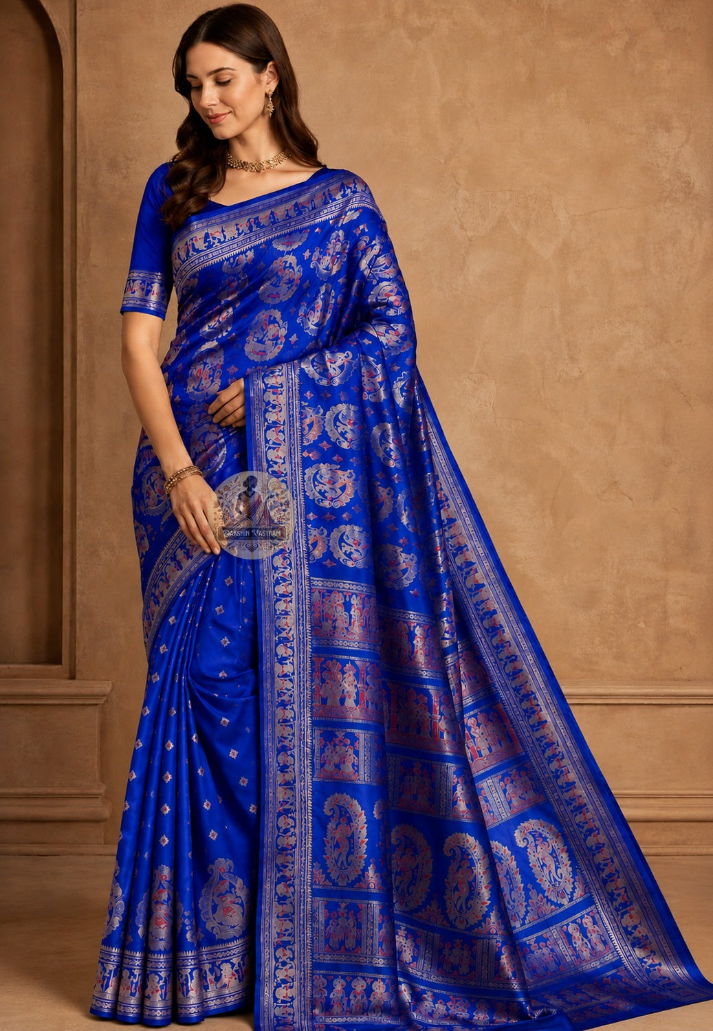 Front view of Swarnachari Silk Saree with pure golden zari Mahishasura Mardini triumphant scene and conch dhaak drum border Bishnupur West Bengal
