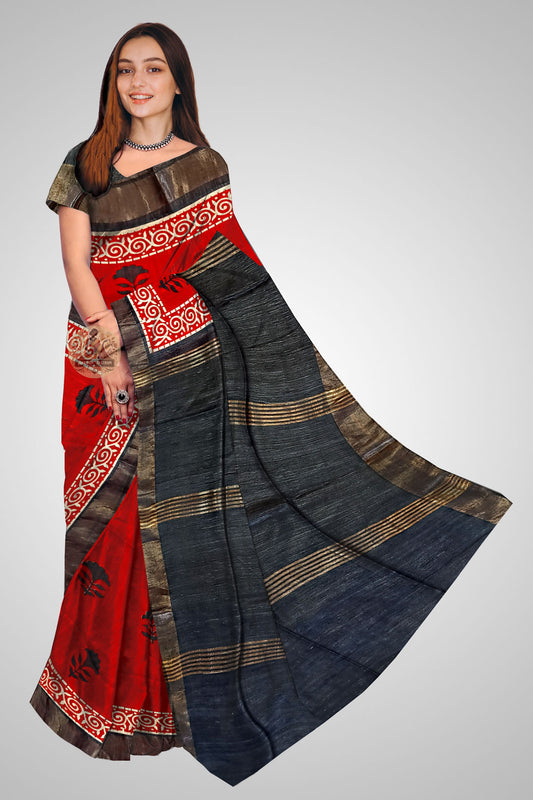 Buy Handloom Tussar Saree online – Front view of raw silk drape
