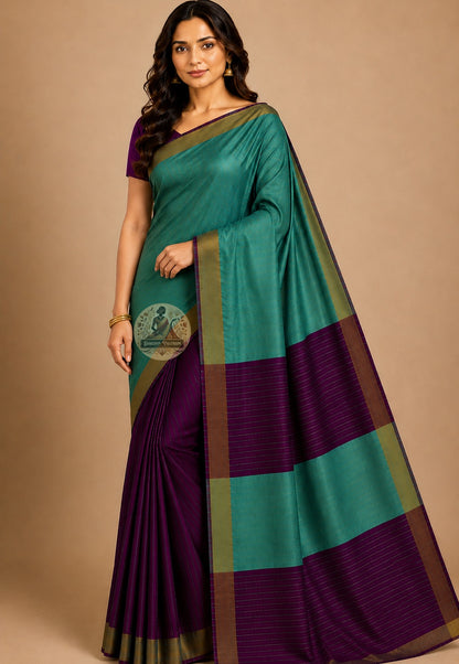 Side view of Bishnupur Pure Katan Silk Saree displaying the deliberate structured fall of pure Katan silk handwoven at the unhurried pace of the loom in Bishnupur Bengal, crafted for weddings and cultural celebrations across UK, USA, EU and India