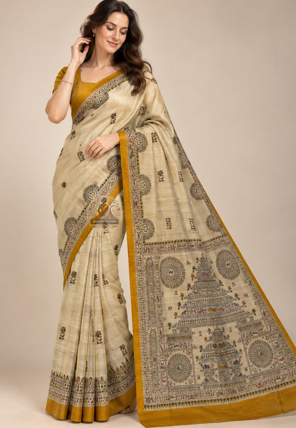Front view of Ghicha Tussar silk conscious saree showing naturally textured wild silk surface and organic woven motifs for Diwali Durga Puja and festive occasions