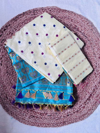 Rear view of Paat Mekhela Chador displaying chador drape with fish mas bamboo border and indigo stripe body Sualkuchi Assam handloom