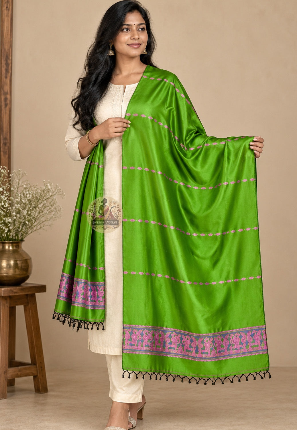 Front view of Bishnupur Baluchari pure silk wedding season stole with mythological narrative motifs, handwoven accent piece for Indian wedding guests