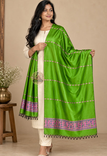 Front view of Bishnupur Baluchari pure silk wedding season stole with mythological narrative motifs, handwoven accent piece for Indian wedding guests