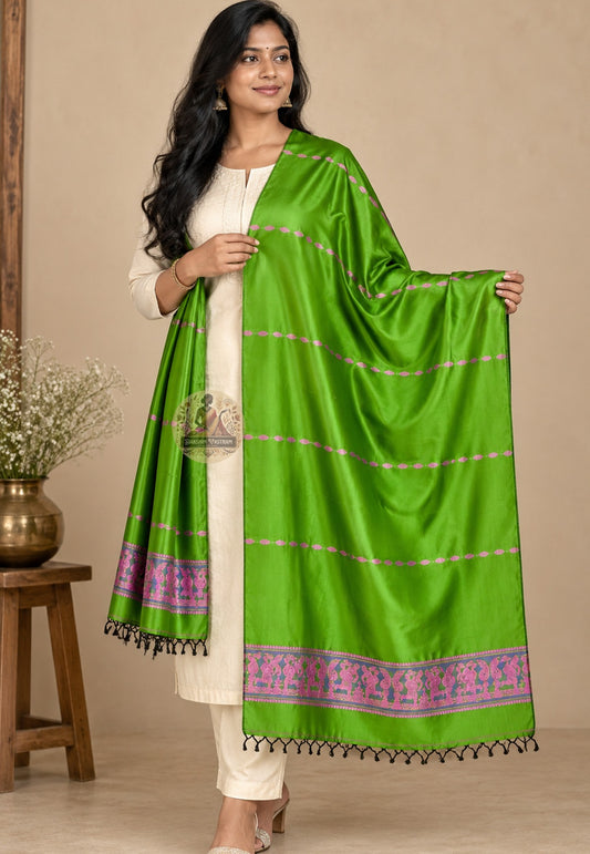 Front view of Bishnupur Baluchari pure silk wedding season stole with mythological narrative motifs, handwoven accent piece for Indian wedding guests