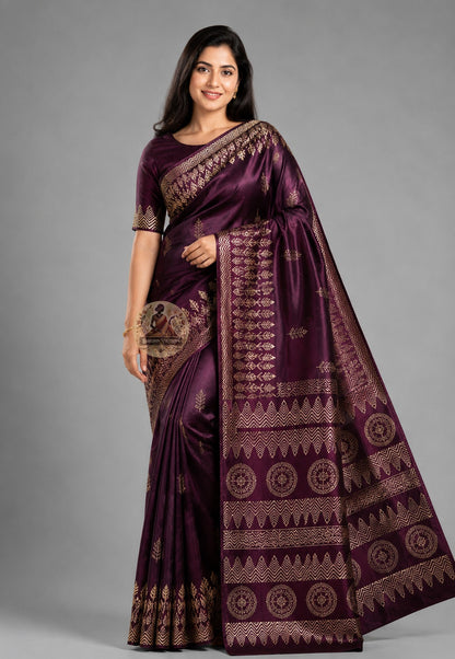 Front view of Bishnupur Katan Silk Saree in celebration-ready drape, handwoven with traditional Bengal motifs, showcasing the ornate border and luminous pure silk body