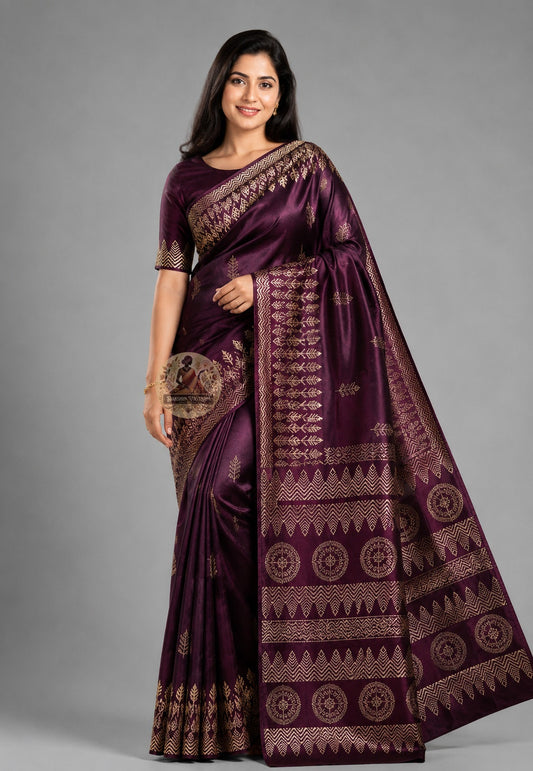 Front view of Bishnupur Katan Silk Saree in celebration-ready drape, handwoven with traditional Bengal motifs, showcasing the ornate border and luminous pure silk body