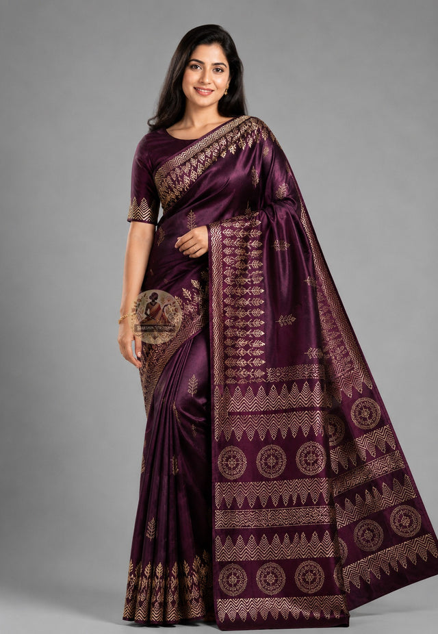 Front view of Bishnupur Katan Silk Saree in celebration-ready drape, handwoven with traditional Bengal motifs, showcasing the ornate border and luminous pure silk body