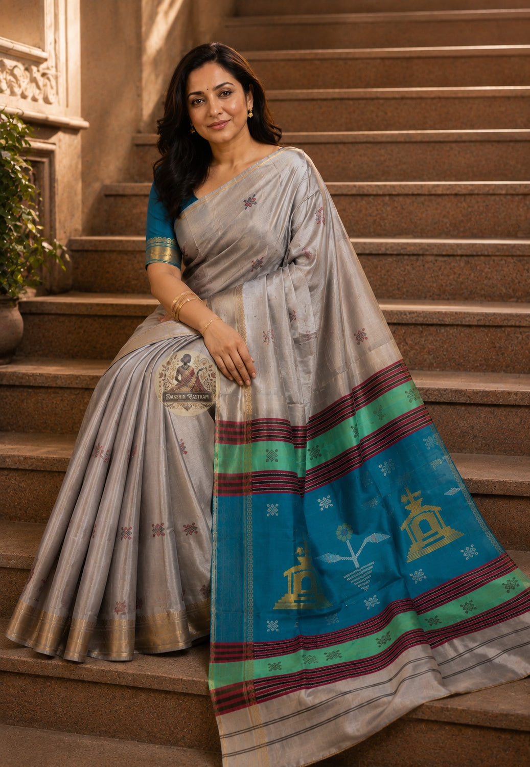 Front view of woman wearing Bishnupur Katan Silk Saree with silk blouse Diwali corporate gifting formal occasion