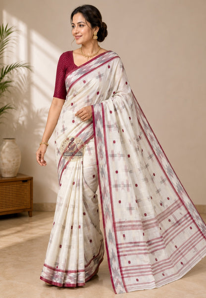 Front view of pure cotton handloom saree without blouse piece, a timeless choice for bridal trousseau and wedding gifting across India