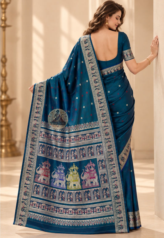 Front view of Baluchari silk saree showing pure silk body with individually woven Ramayana mythology and Malla court motifs in silk-on-silk Bishnupur handloom narrative weave tradition