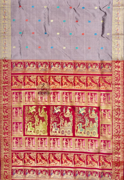 Close up of red, blue, green and pale motifs on the lavender-grey Baluchari silk saree body