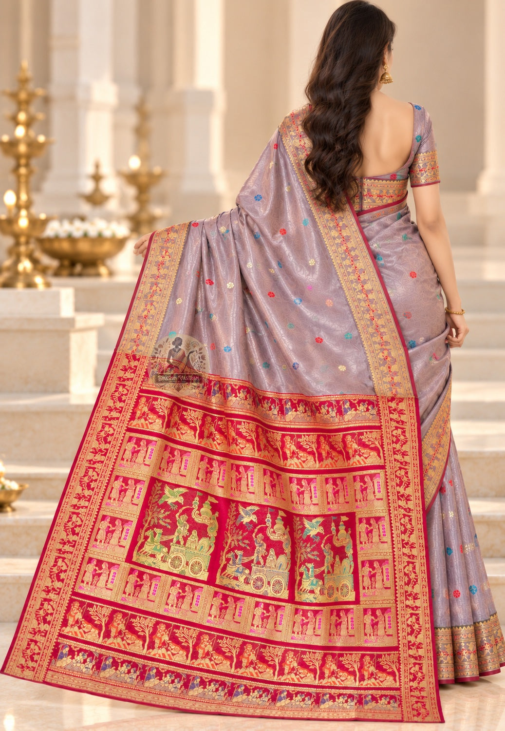 Rear view of lavender-grey Baluchari silk saree with the red figurative pallu draped over the shoulder