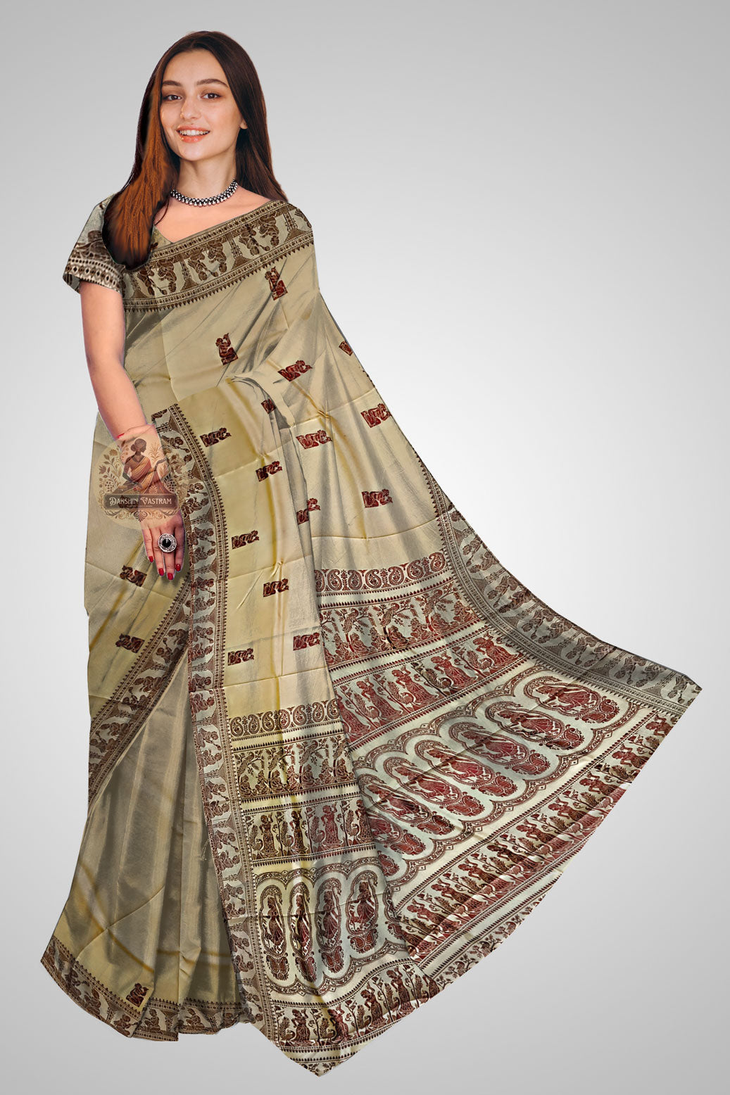 Buy Baluchari Pure Silk Saree online – Traditional front view with mythological design