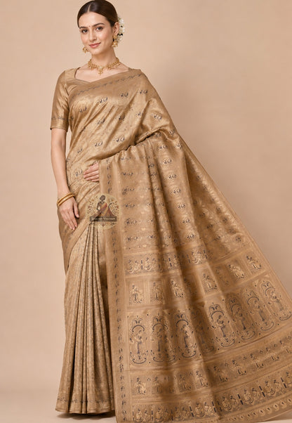 Front view of premium Swarnachari handloom silk saree with devotion-grade golden zari border and unified mythological composition, West Bengal Durga Puja Collection 2026