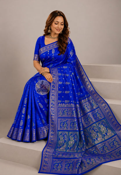 Front view of Swarnachari Silk Saree with pure golden zari royal court scene and temple arch border West Bengal