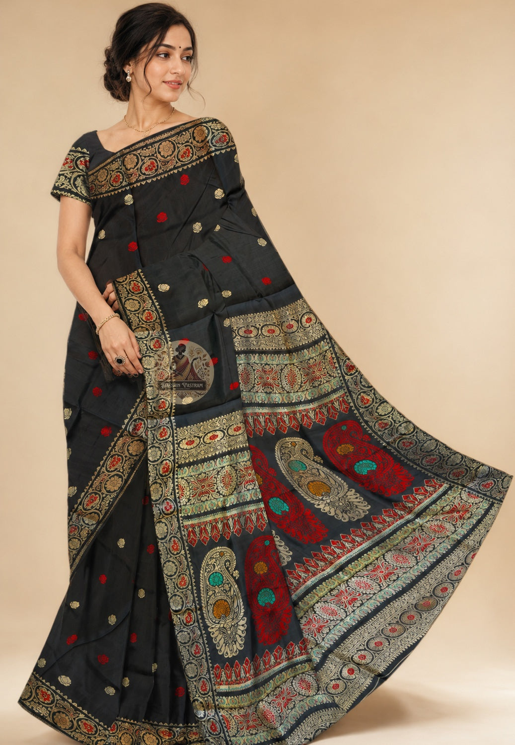 Front view of Baluchari Pure Silk Saree draped on model, showcasing the handwoven narrative silk body with traditional Baluchari buti motifs and the naturally weighted luminous drape of premium Bengal silk