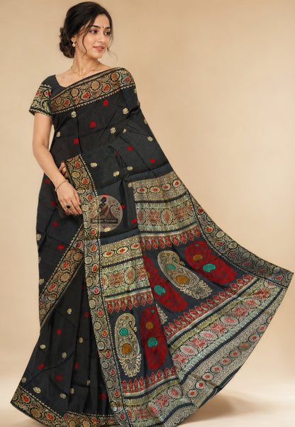 Front view of Baluchari Pure Silk Saree draped on model, showcasing the handwoven narrative silk body with traditional Baluchari buti motifs and the naturally weighted luminous drape of premium Bengal silk