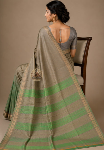 Rear view of Bishnupur Pure Katan Silk saree with heritage motifs and pallu draped over the shoulder