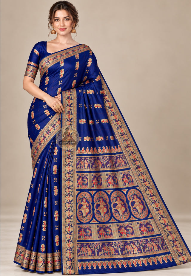 Front view of royal blue Swarnachari silk saree with multicoloured motifs and floral-patterned borders