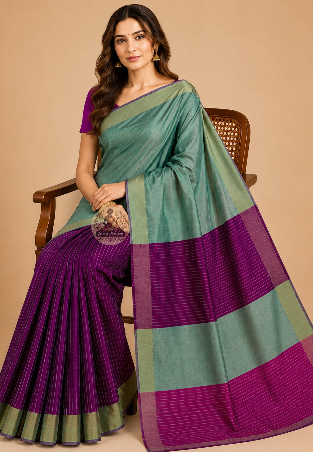 Side view of Bishnupur Pure Katan Silk Saree displaying the fluid structured fall of pure Katan silk handwoven in Bishnupur Bengal, simply and completely right for weddings and cultural celebrations across UK, USA, EU and India