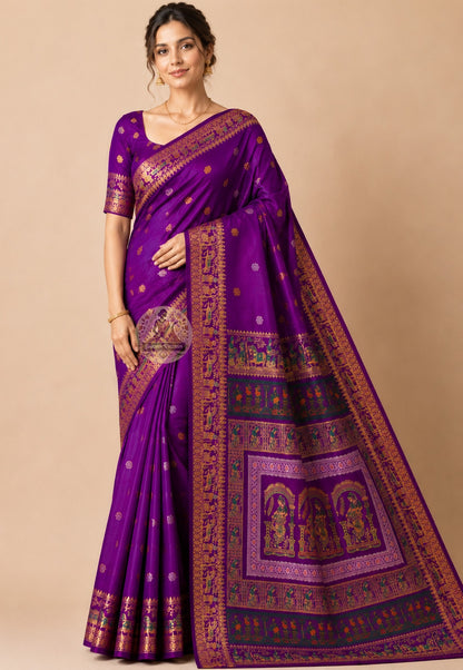 Side view of handwoven Baluchari silk saree from West Bengal showing pallu fall and woven border