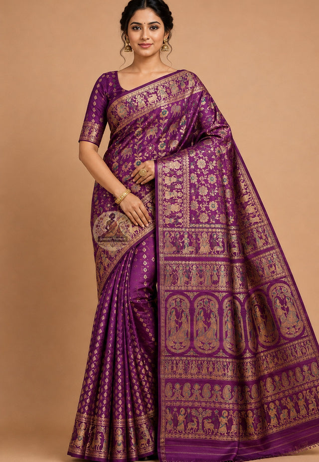 Front view of premium Swarnachari handloom silk saree with golden zari narrative border and unified mythological story composition, West Bengal pit-loom craft
