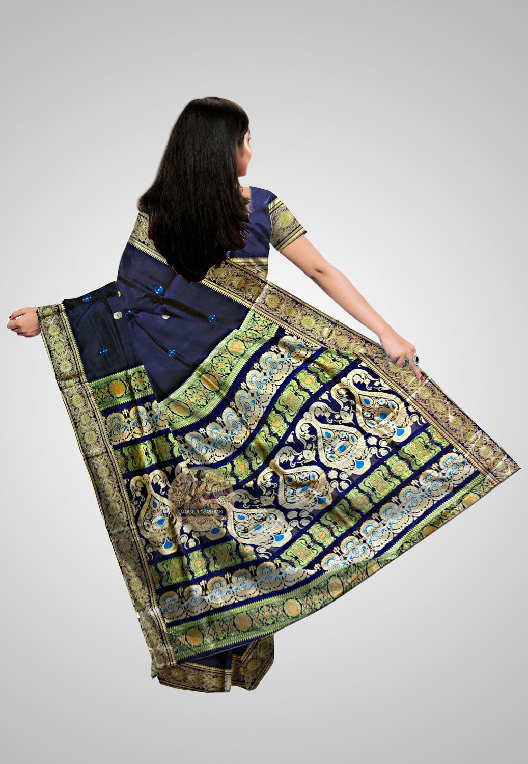 Saree Rear View: Rear view of the Baluchari saree, emphasizing the fine craftsmanship and silk texture.