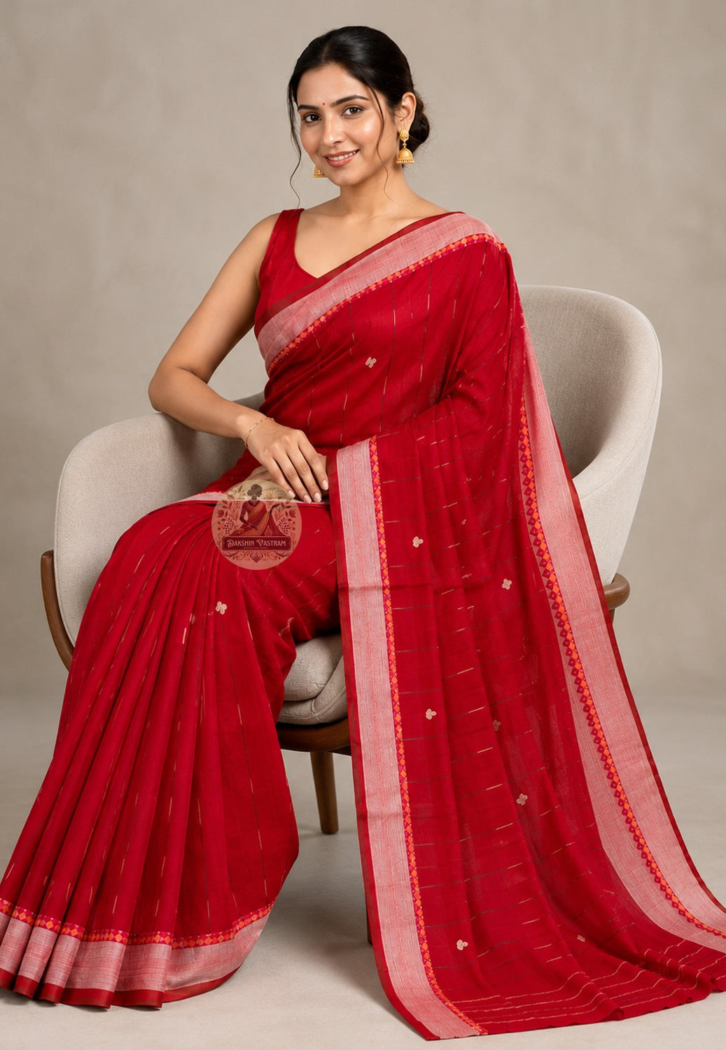 Front view of handloom pure cotton saree from West Bengal draped in classic Nivi style