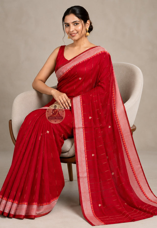 Front view of handloom pure cotton saree from West Bengal draped in classic Nivi style