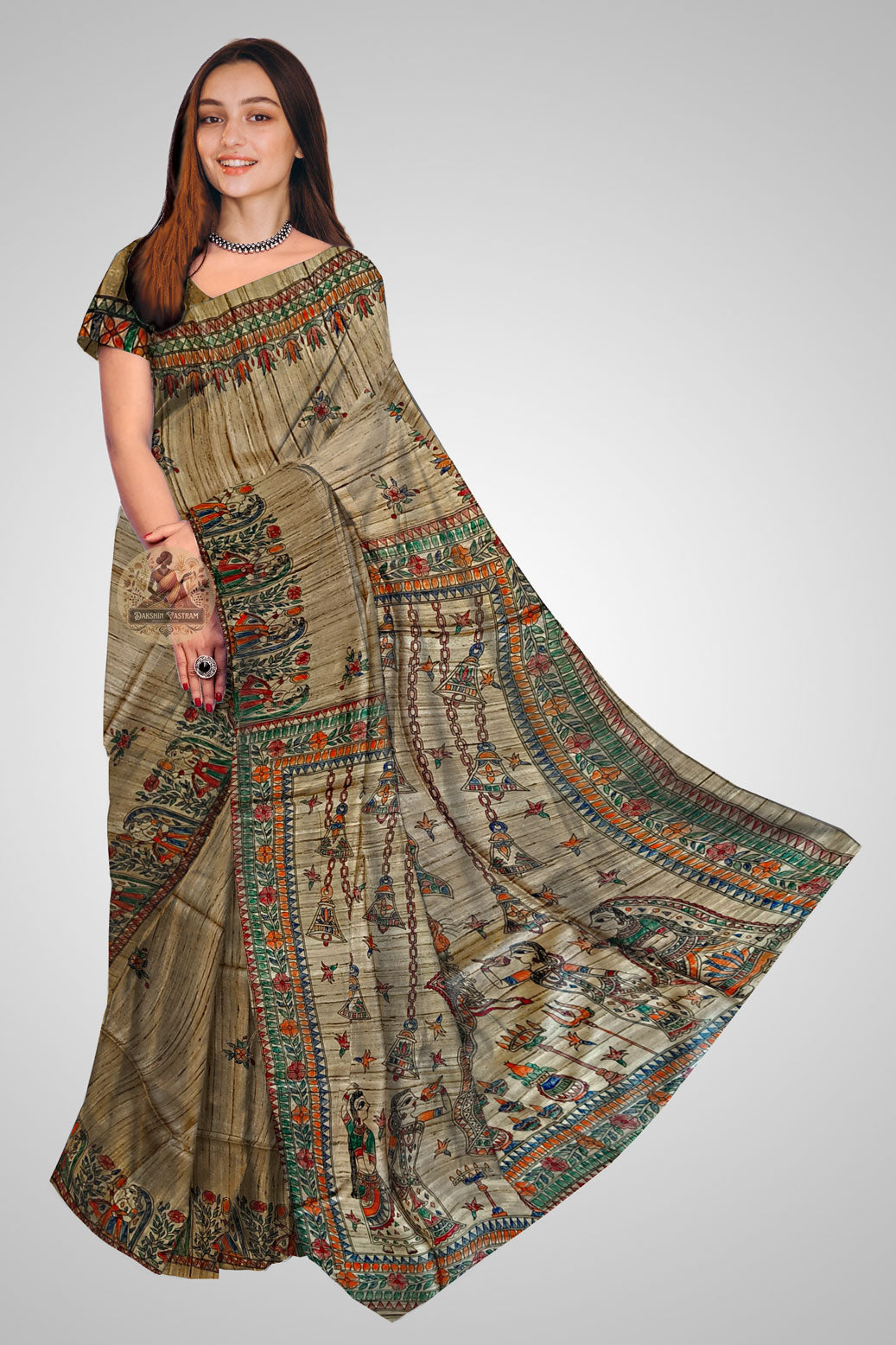 Buy Ghicha Tussar Silk Saree online – Front view highlighting textured silk folds