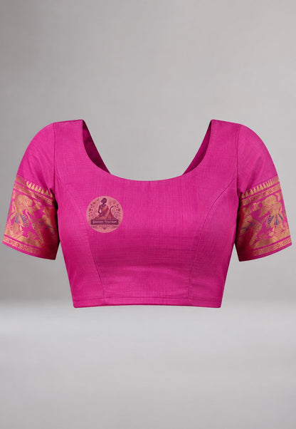 Matching unstitched blouse piece of premium Swarnachari silk saree in pure handloom silk with golden zari border trim, included with saree for tailoring — part of the story waiting to be told