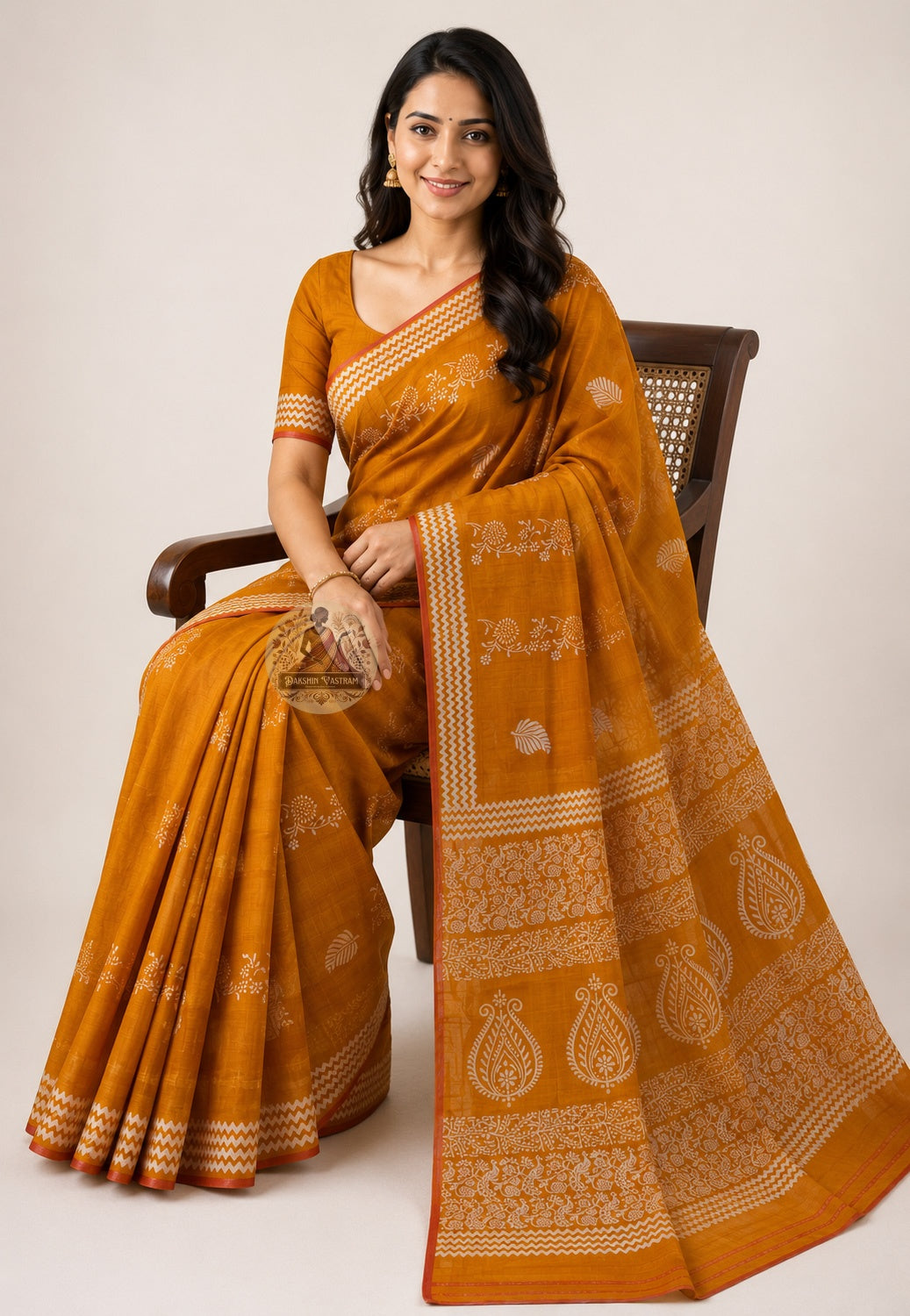 Side view of Bishnupur Pure Katan Silk Saree showing the deliberate weighted fall and elegant composed drape of pure Katan silk, handwoven for weddings and cultural celebrations across UK, USA, EU and India