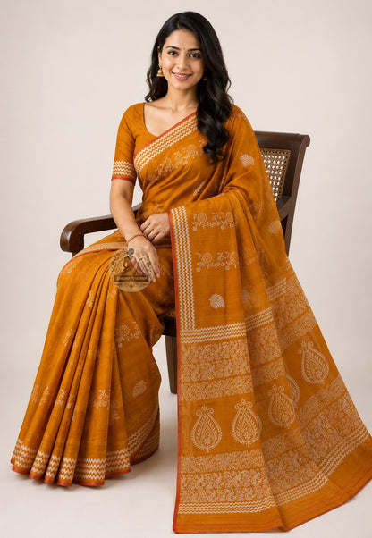 Side view of Bishnupur Pure Katan Silk Saree showing the deliberate weighted fall and elegant composed drape of pure Katan silk, handwoven for weddings and cultural celebrations across UK, USA, EU and India