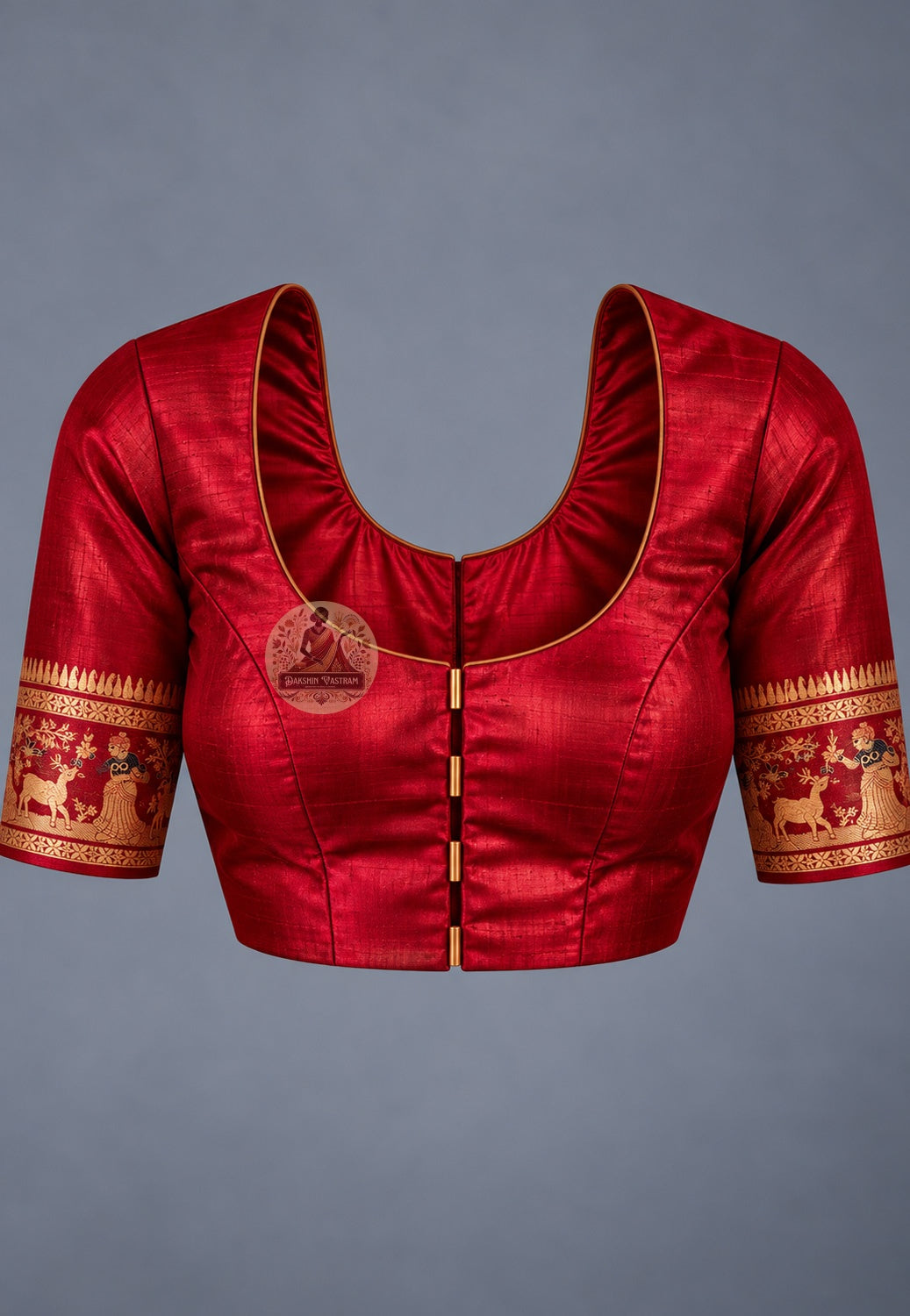 Matching blouse piece included with Swarnachari pure silk story golden zari saree, pre-woven in the same Swarnachari silk by West Bengal handloom artisan weavers in Bishnupur