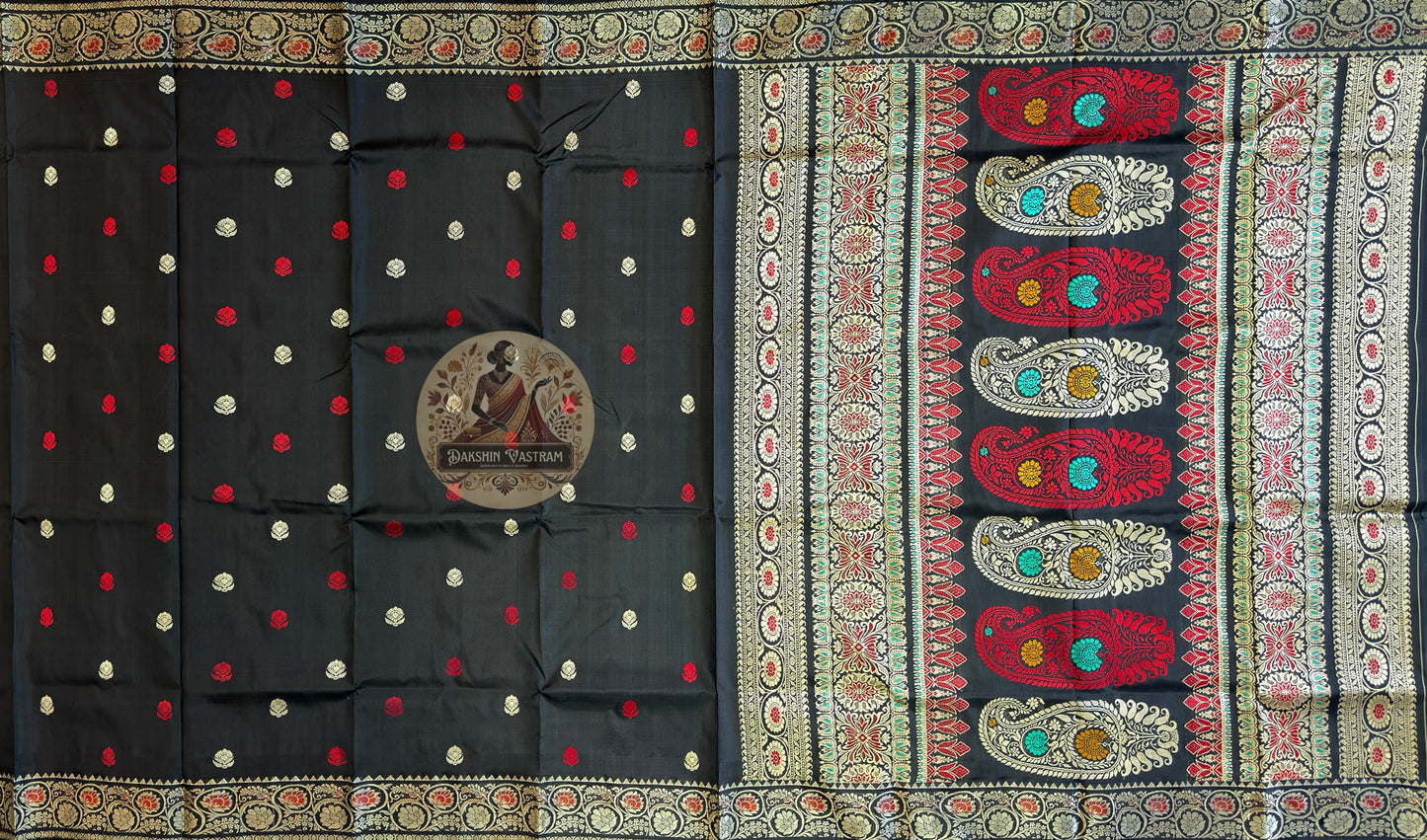Close-up of the handwoven narrative pallu of Baluchari Pure Silk Saree, showcasing intricate mythology scenes composed by a master weaver and woven directly into pure silk — the most eloquent introduction you will ever make