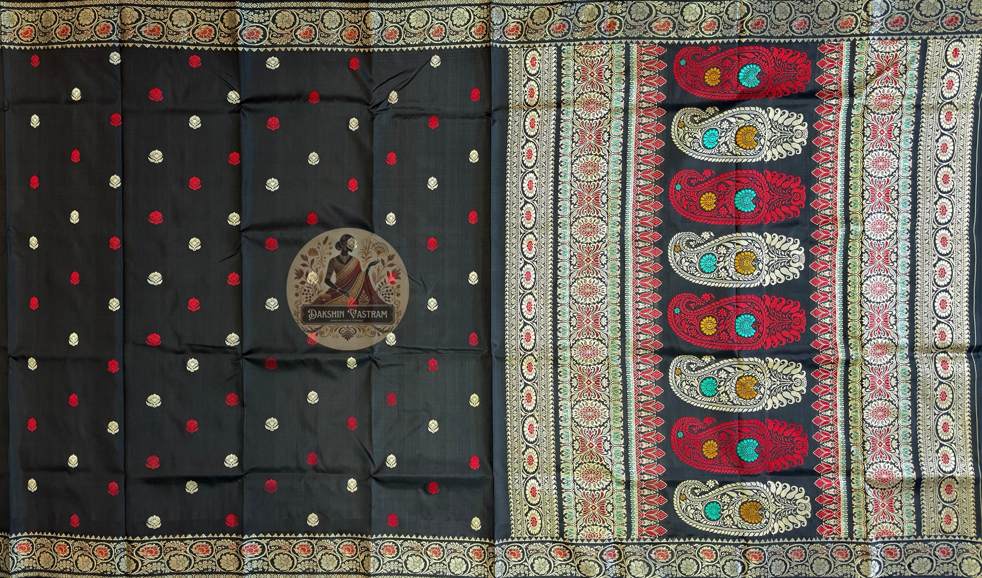 Close-up of the handwoven narrative pallu of Baluchari Pure Silk Saree, showcasing intricate mythology scenes composed by a master weaver and woven directly into pure silk — the most eloquent introduction you will ever make