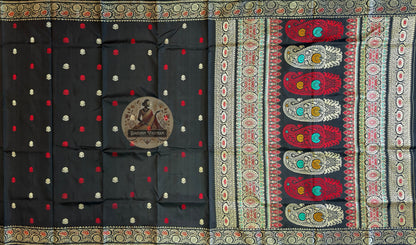 Close-up of the handwoven narrative pallu of Baluchari Pure Silk Saree, showcasing intricate mythology scenes composed by a master weaver and woven directly into pure silk — the most eloquent introduction you will ever make