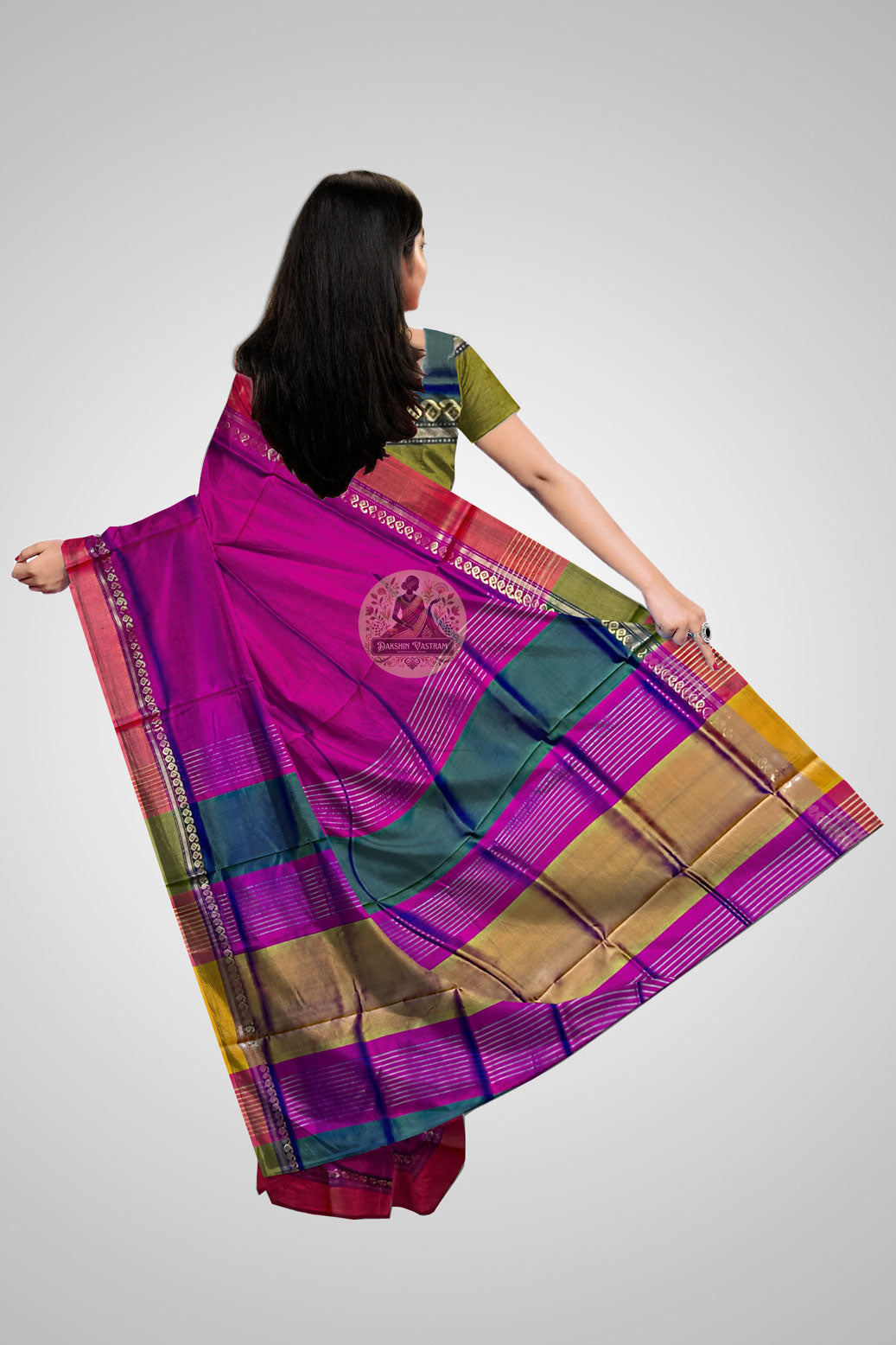 Buy Silk Saree with Zari – Rear view highlighting pallu and fall