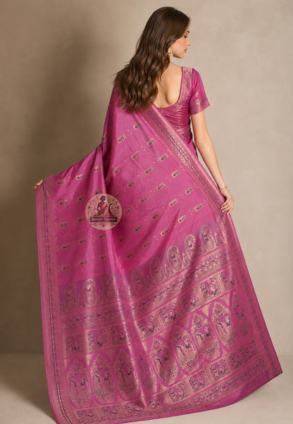 Front view of woman wearing Swarnachari Silk Saree with raw silk blouse Durga Puja Navami cultural evening Kolkata