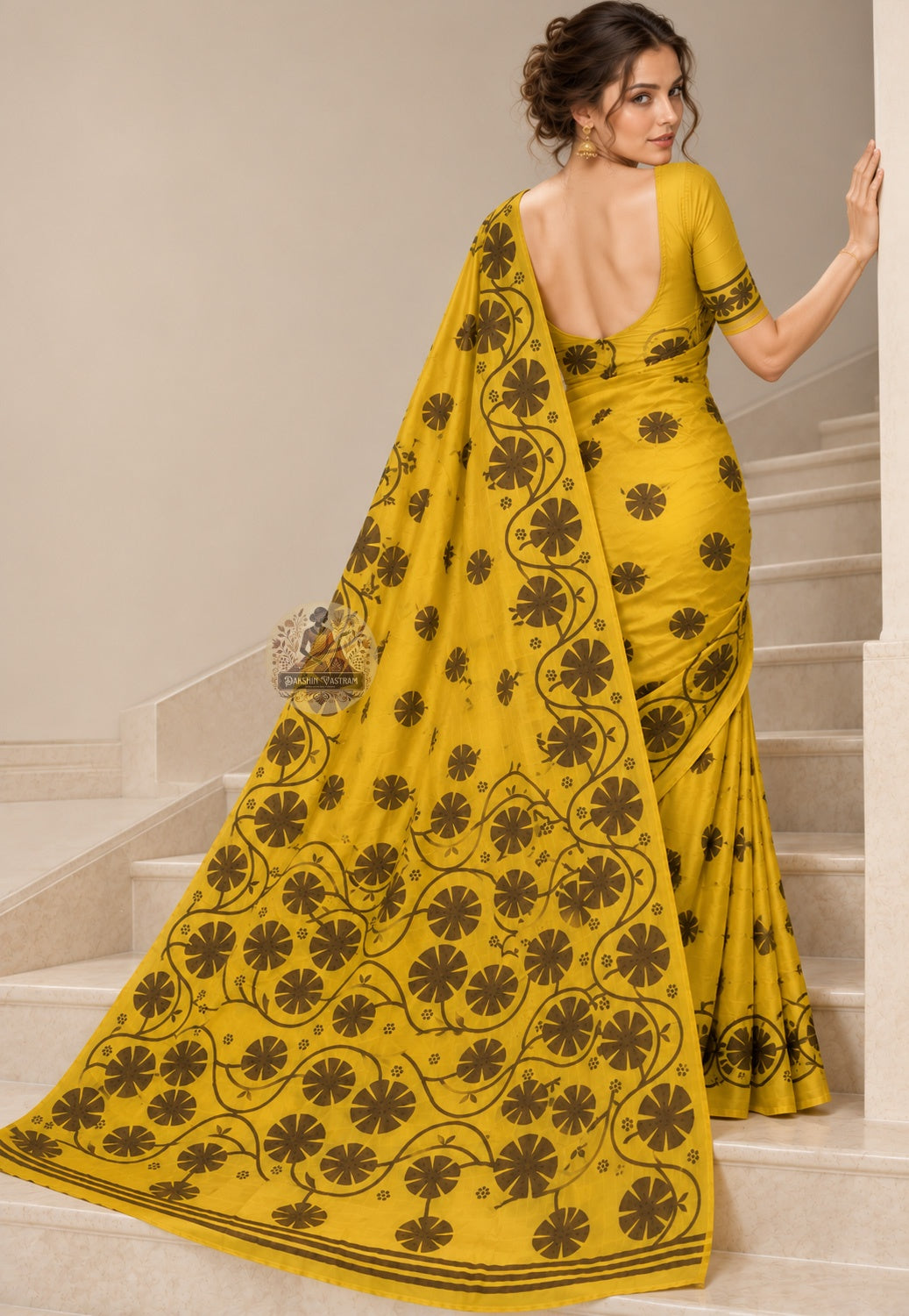 Side view of Bishnupur heritage handloom silk saree displaying elegant drape and lustrous pure silk fabric