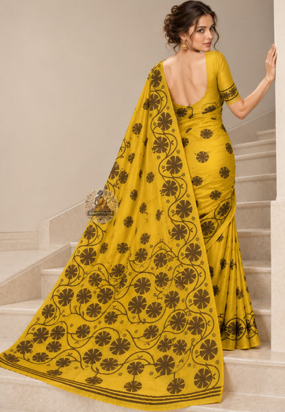 Side view of Bishnupur heritage handloom silk saree displaying elegant drape and lustrous pure silk fabric