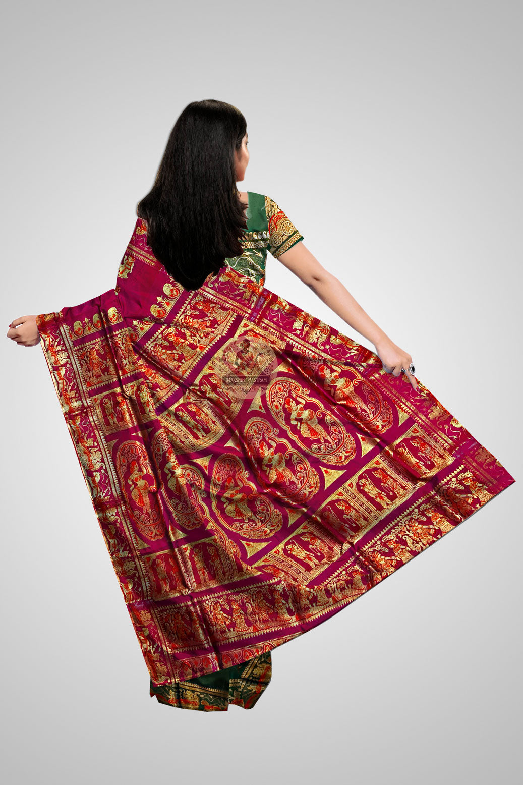 Buy Swarnachari Sarees online – Rear view featuring traditional pallu motifs