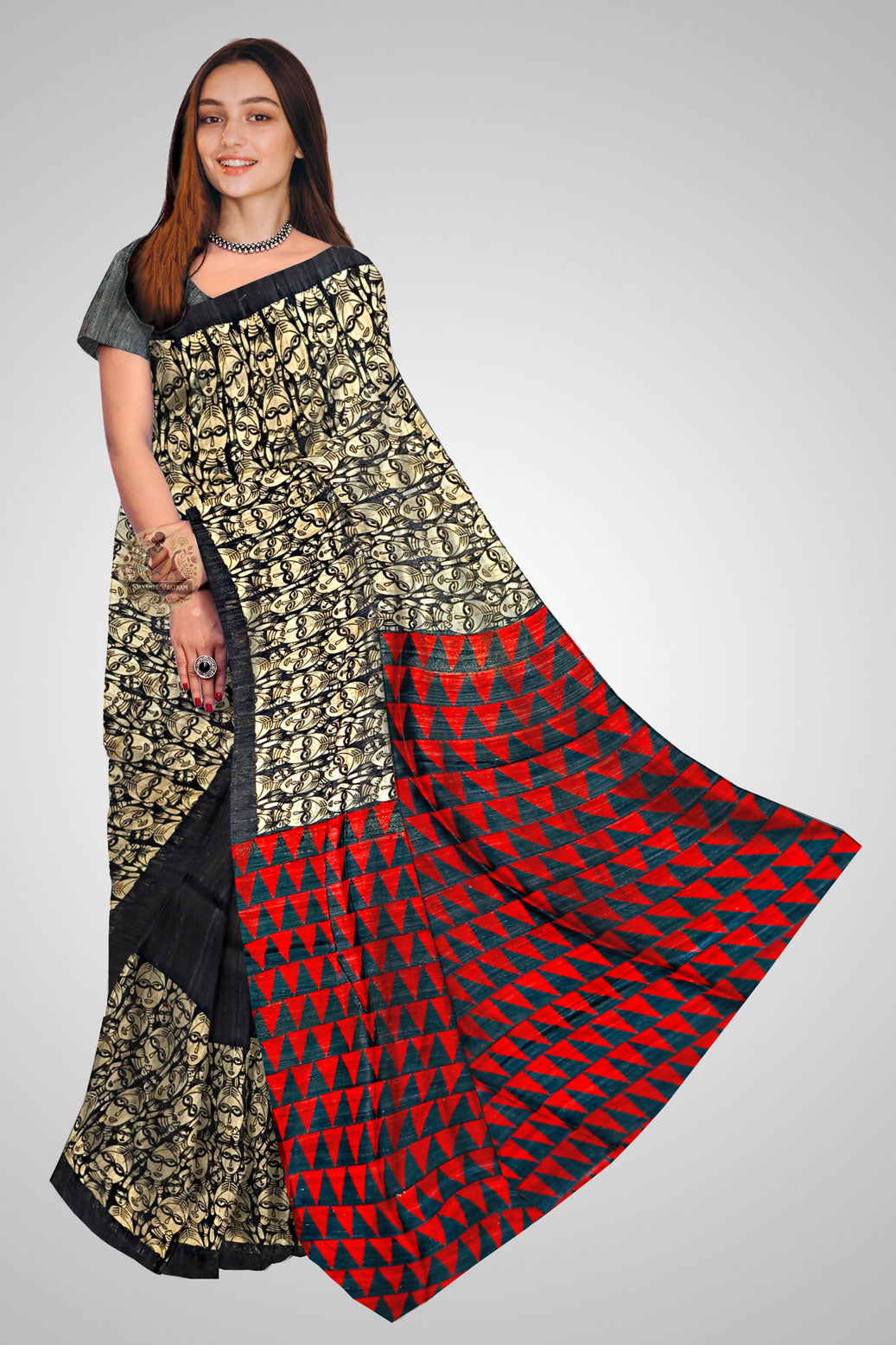 Buy Authentic Tussar Saree online – Front view of raw silk elegance