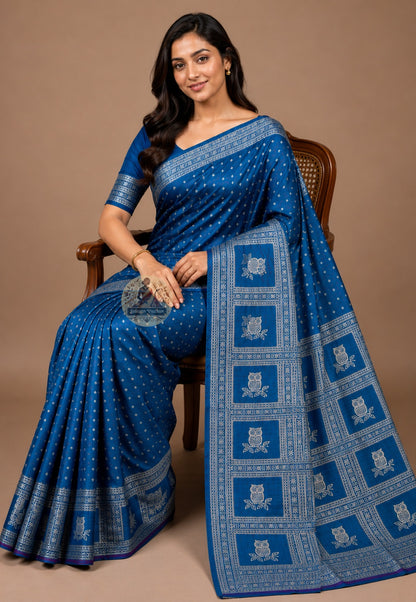 Front view of Bishnupur Katan Silk Saree with handwoven chevron stripe and peacock feather eye motifs, West Bengal