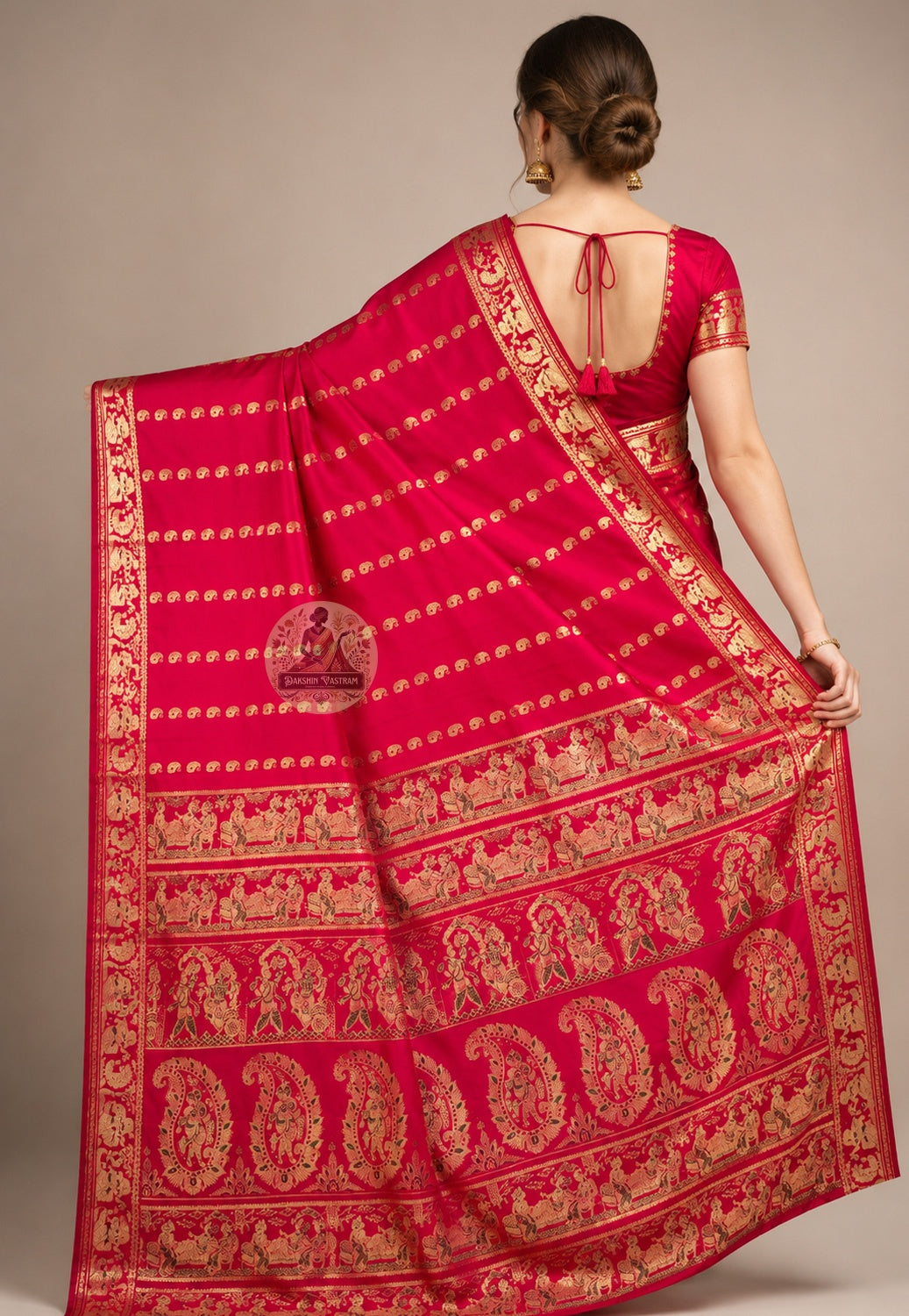 Side view of Swarnachari handloom silk saree showing golden zari border in quiet readiness and warm pure silk drape prepared for its occasion, West Bengal weave