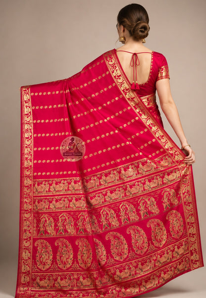 Side view of Swarnachari handloom silk saree showing golden zari border in quiet readiness and warm pure silk drape prepared for its occasion, West Bengal weave