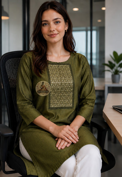 Front view of woman wearing tailored kurti stitched from Baluchari Silk Block Print Piece Durga Puja festive occasion