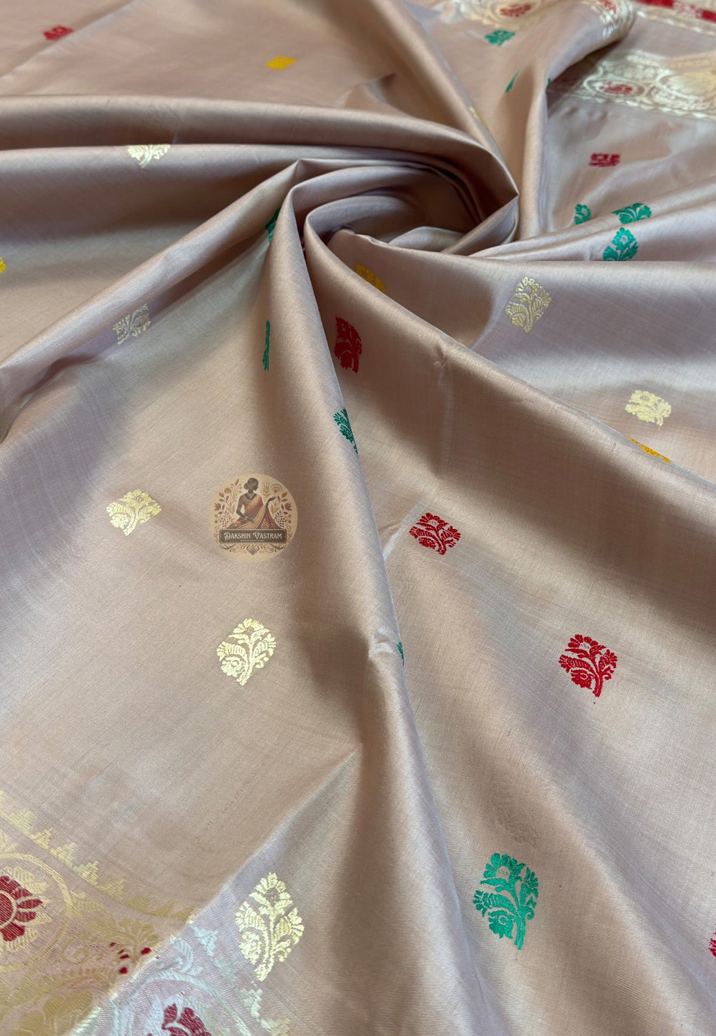 Full flat-lay view of Baluchari Pure Silk Saree showing complete handwoven silk body with Baluchari buti, traditional motif border, and richly illustrated narrative pallu — a premium heirloom piece of Bengal's living heritage