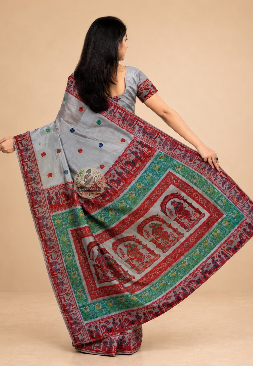 Rear view of premium Baluchari Silk Saree revealing the full pallu with hand-woven Mahabharata and Ramayana figures — royal processions, celestial dancers and sages — in pure Bengal silk