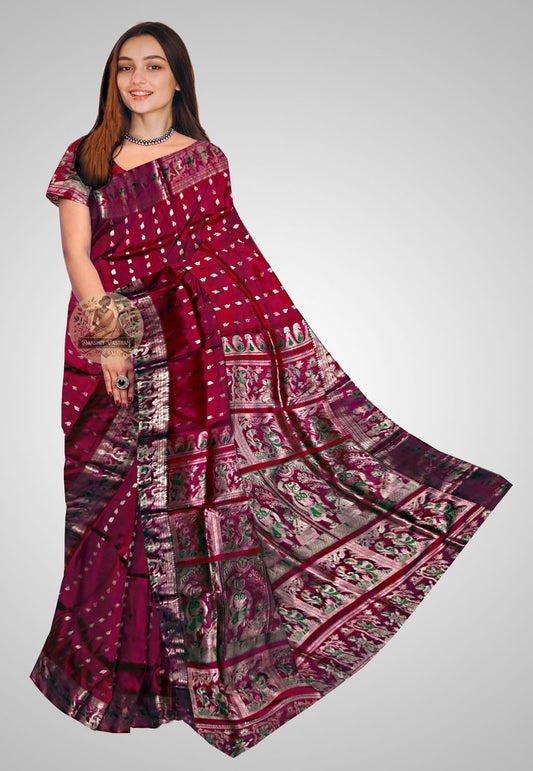 Front side view of Handloom Swarnachari Saree showcasing intricate golden designs and luxurious fabric